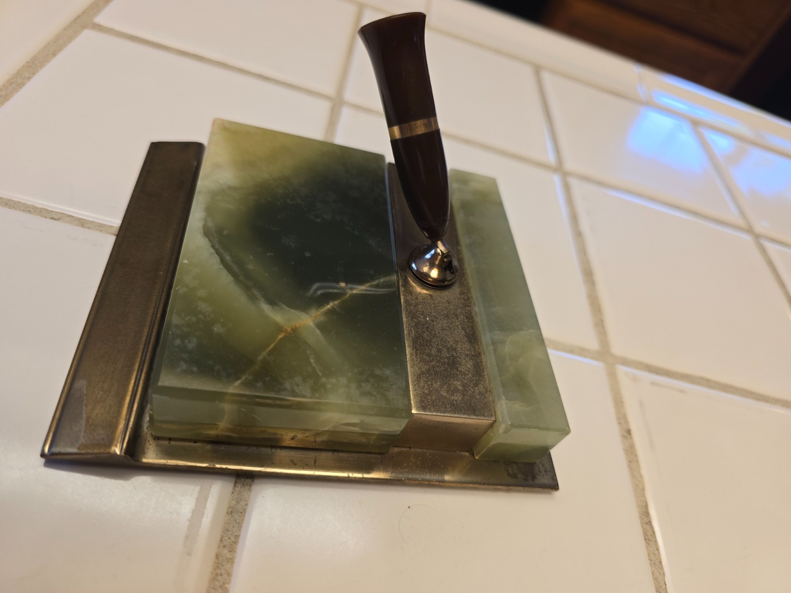 Green Marble Onyx 4.5″ x 5″ Office Desk Pen Holder with Gold Accents MCM VTG
