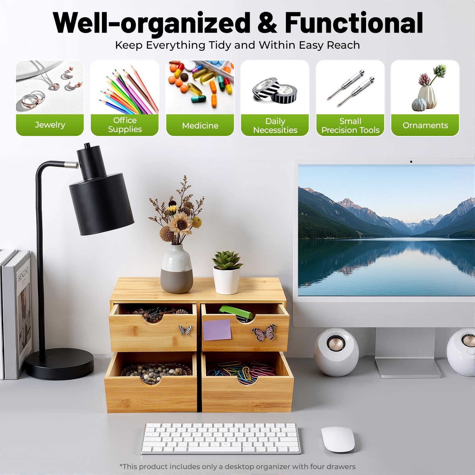 Gdrasuya10 Bamboo Desk Organizer, Drawer Tabletop 4 Drawer, Raw Wood Color