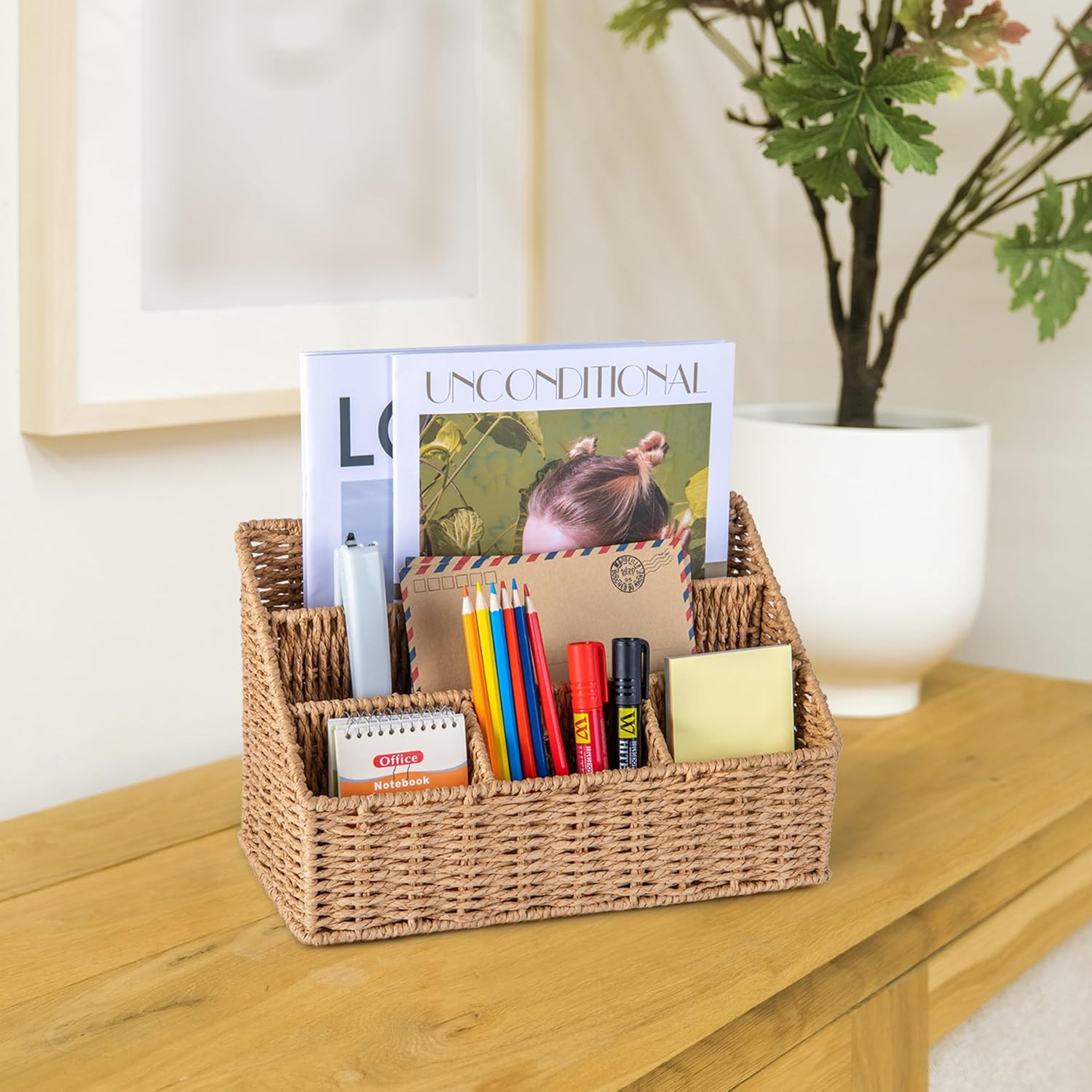 DINGTAI Rattan Desk Organizer, Tabletop Mail Holder, 5 Slot Mail Organizer Count