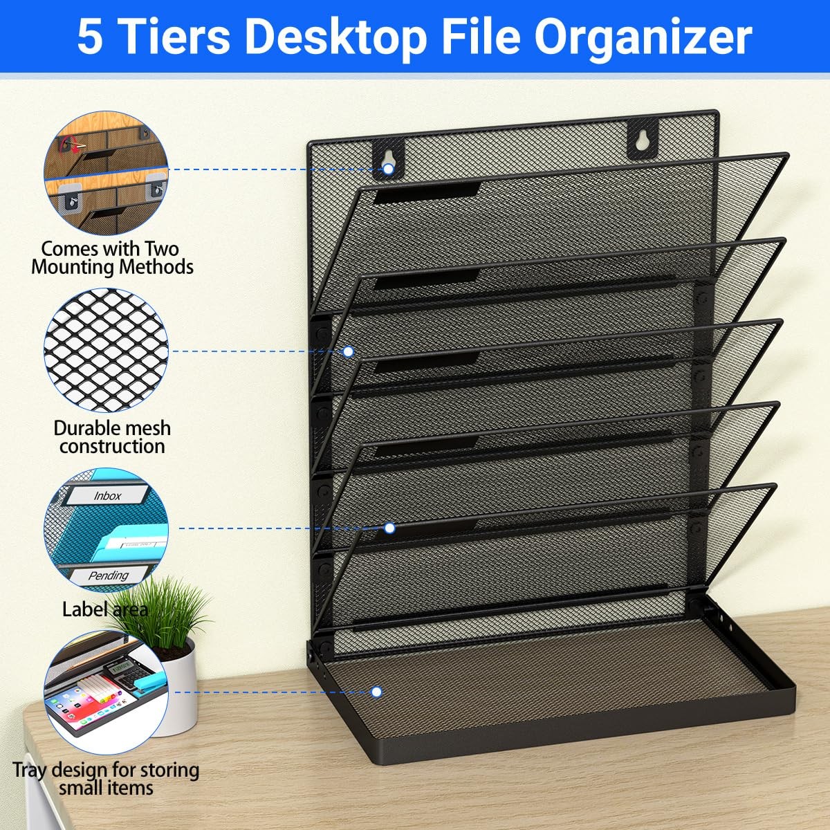 6Tier Hanging Wall File Organizer Desktop Mesh Magazine Document Rack Black