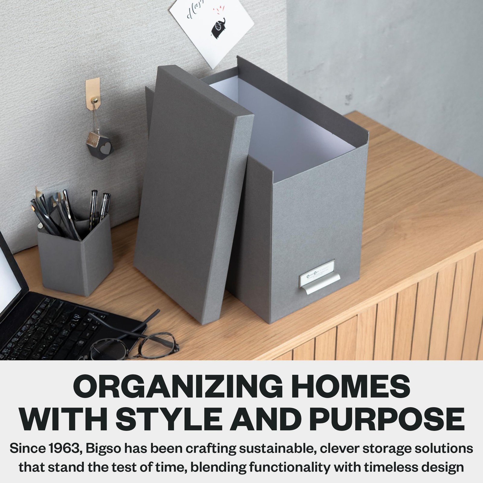 Bigso John Fiberboard Label Frame Desktop File Storage 10.2 x 7 x 13 in, Grey