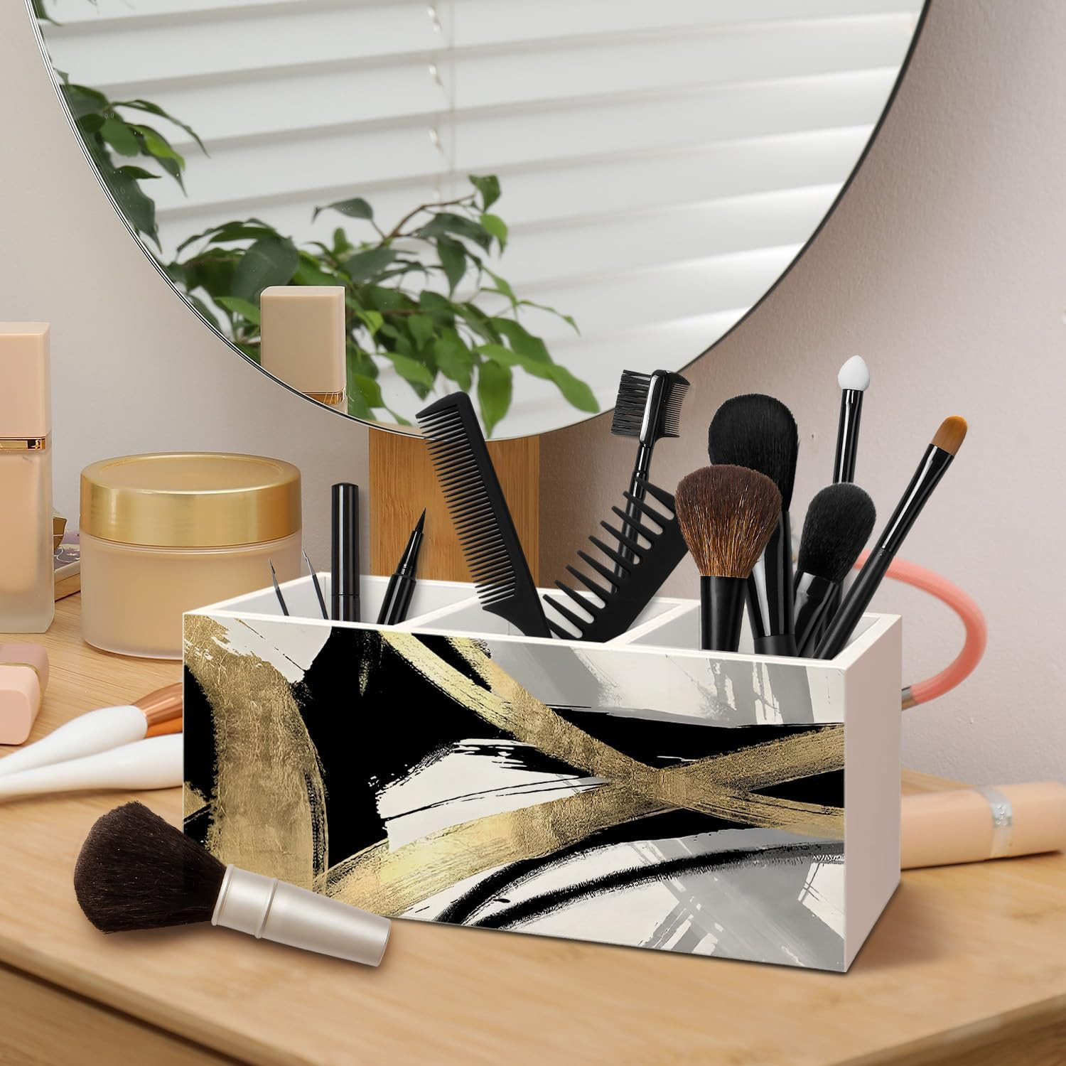 Black White and Gold Pen Pencil Holder for Boho Modern Desk Decor, Abstract Blac