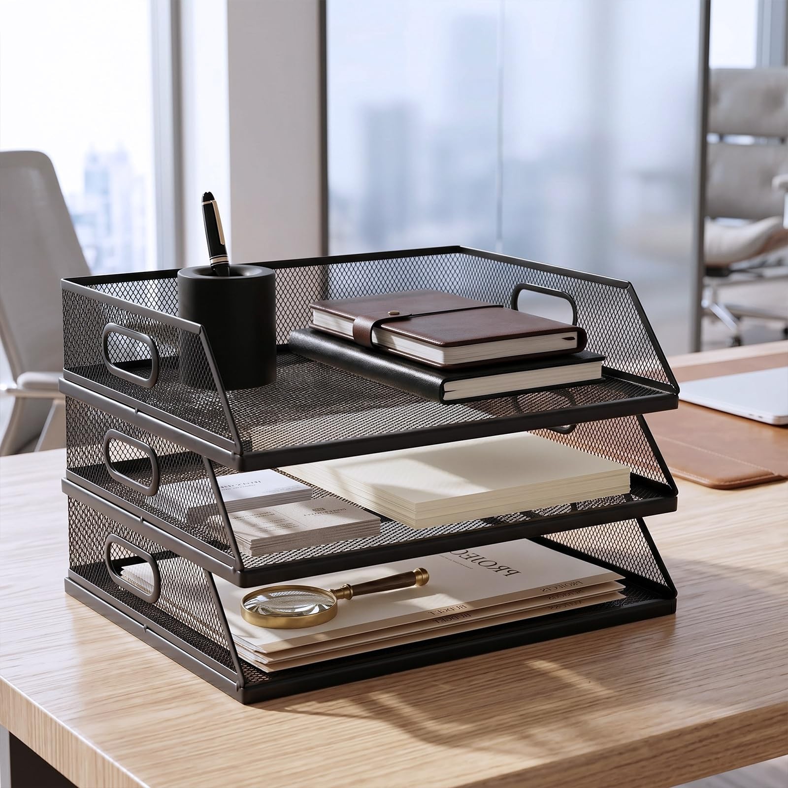 3 Pcs Paper Organizers Metal Mesh Desk Organizer Stackable Desk Tray Single W…