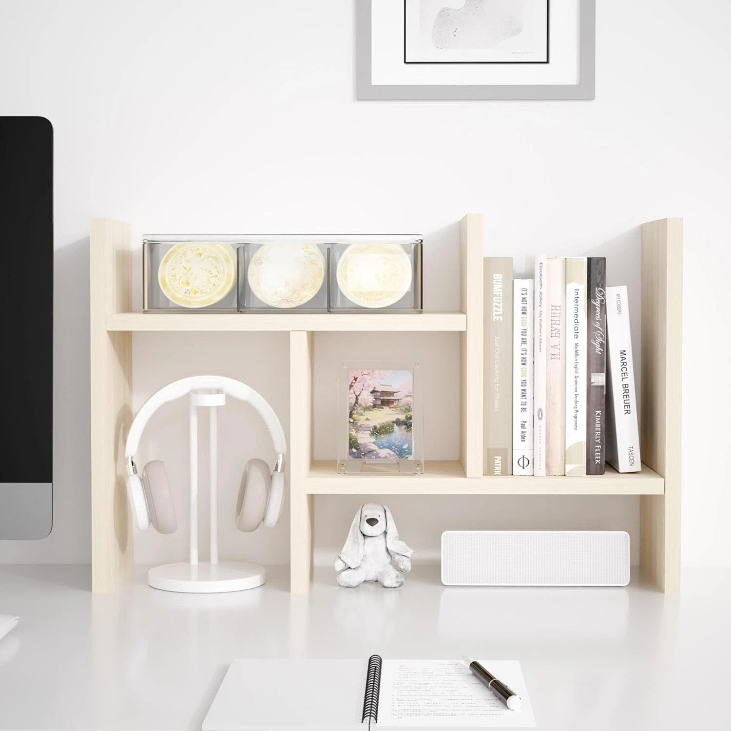 Adjustable Desktop Organizer – Stylish White Wood Mini Bookshelf for Office