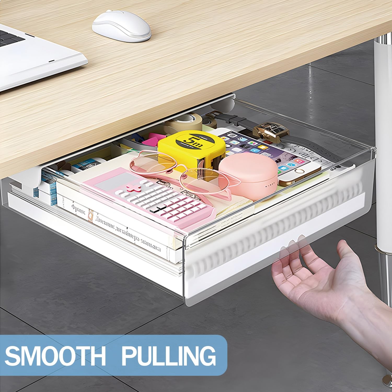 Large Under Desk Table Drawer Storage Organizer A4 Hidden Tray Clear White