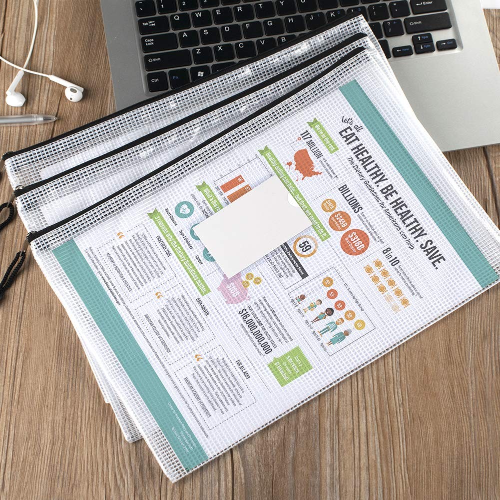 Mesh Zipper Pouch Bags A4 Waterproof Document Organizer Black 20 Pack