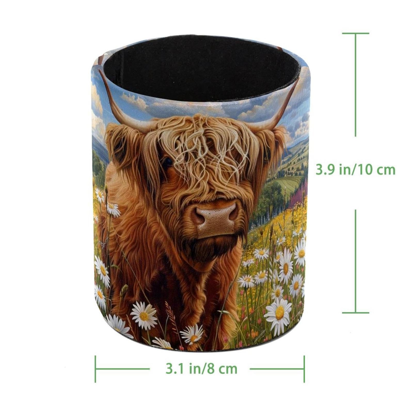 Large Capacity Colored Pen Holder for Desk,Highland Cow Daisies Leathe Pencil…