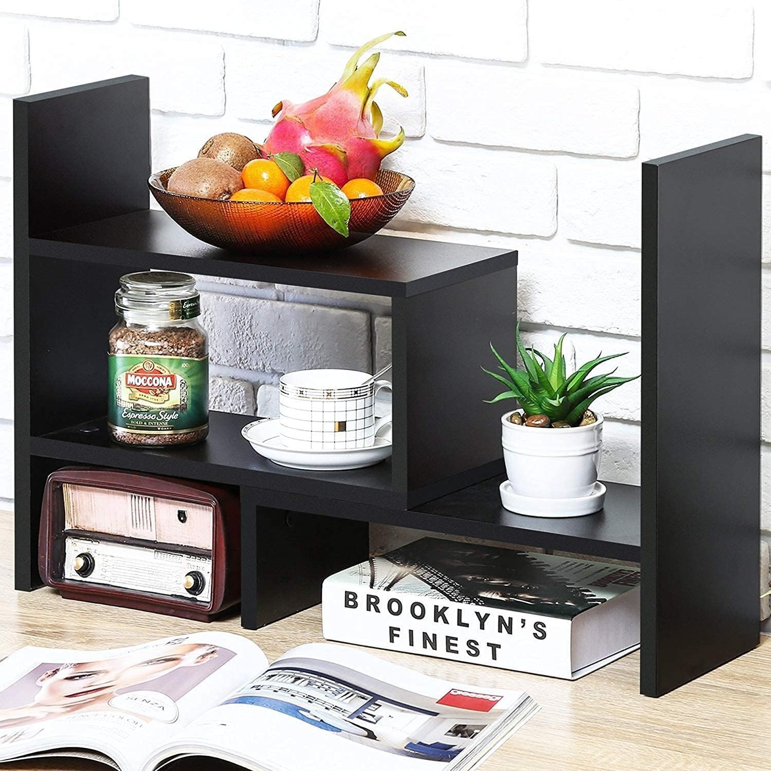 Desktop Bookshelf Desk Storage Organizer Adjustable Wood Desktop Display Shel…