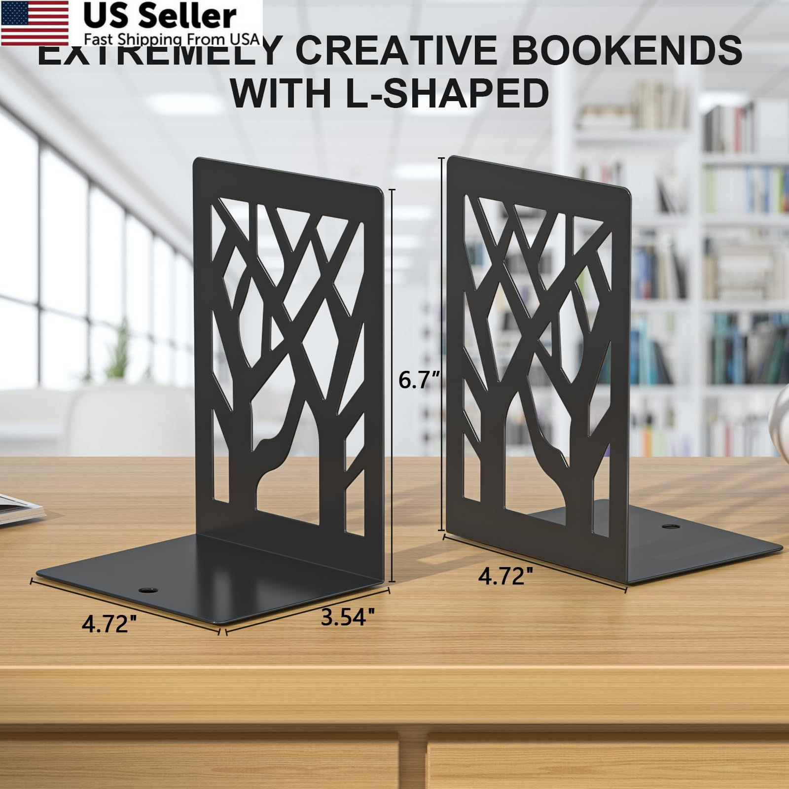 ALOTCHE Bookends 4 Pieces, Tree Design Modern Metal Black 4 Pieces