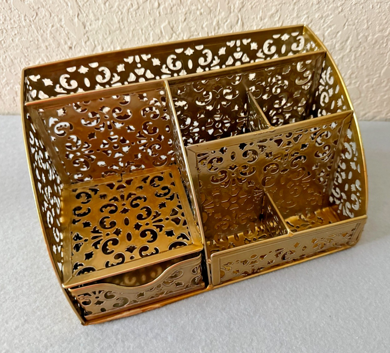 Gold Metal GLITZ Filigree Desk Accessory 3 Piece Set Letter Caddy Pen Holder
