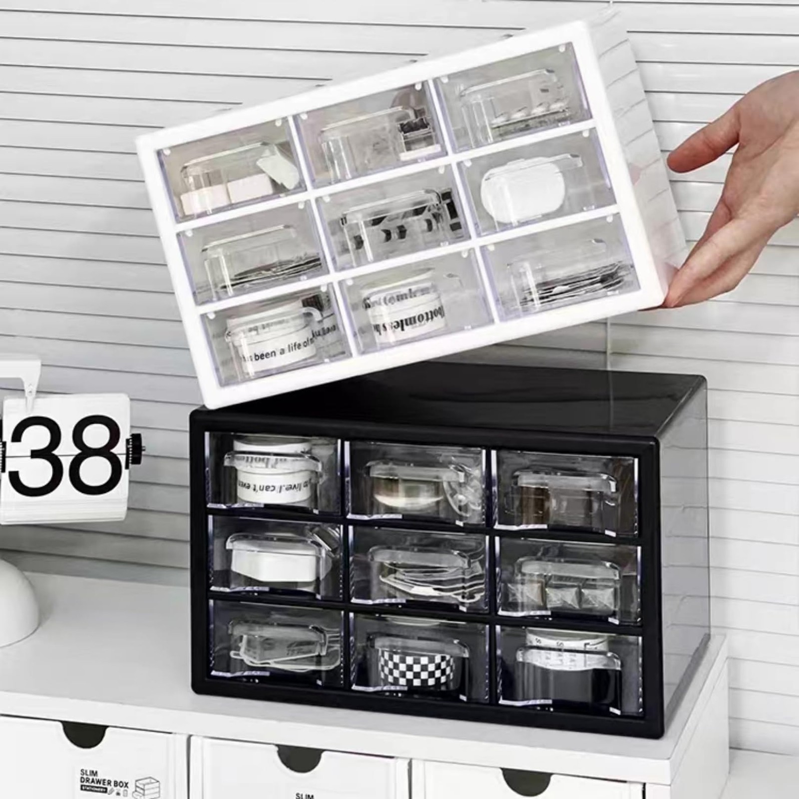 1 PCS Large Desktop Drawer Organizer 9 Clear Drawers 10.04×6.30×6.10 In Black