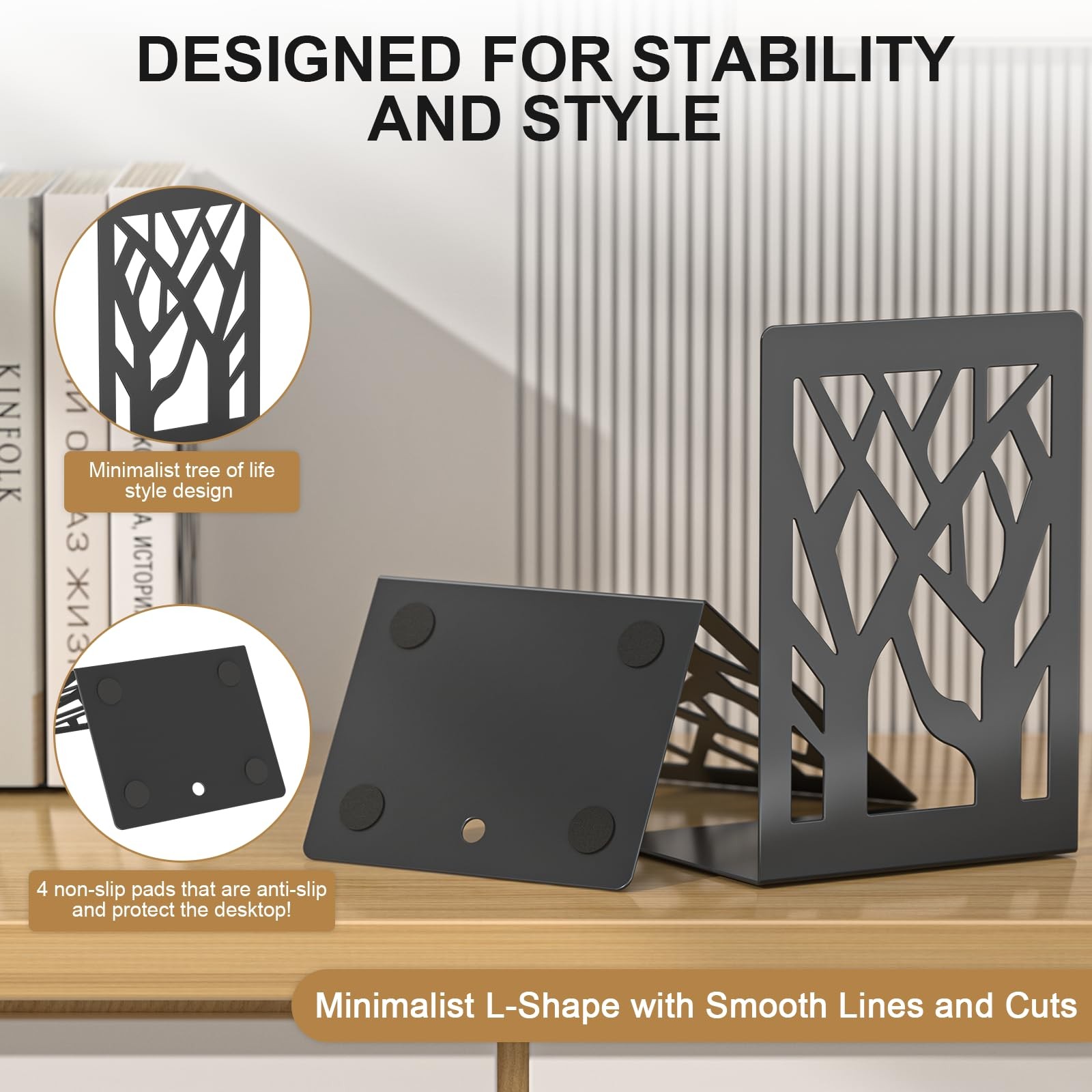 ALOTCHE Bookends 4 Pieces, Tree Design Modern Metal Black 4 Pieces