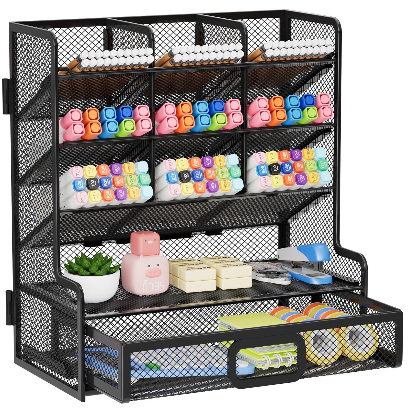 Larger Mesh Desk Organizer with Drawer, Multi-Functional Pen Holder, Easy Assemb