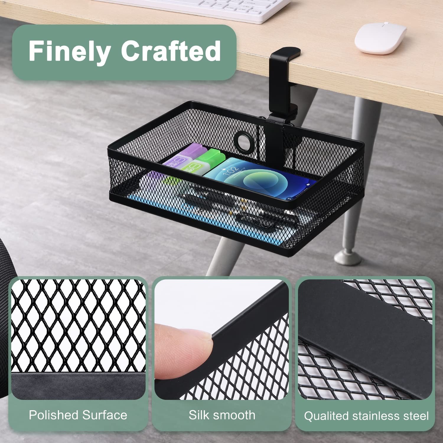 Under Desk Storage Organizer Clamp On Drawer Basket Hanging Mount Tray Blk