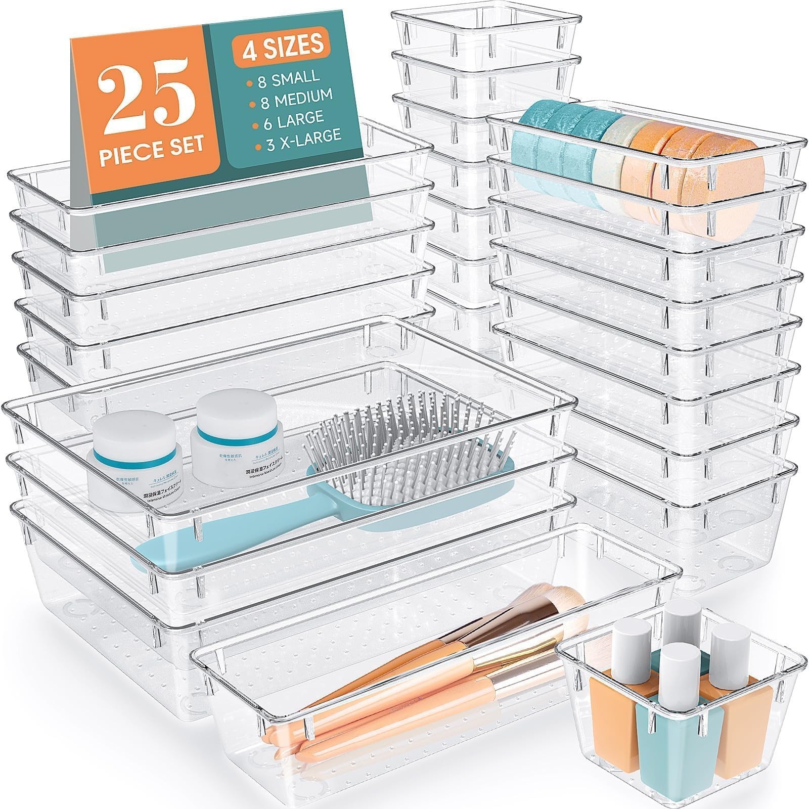 25 PCS Clear Drawer Organizer Set Desk Makeup Jewelry Storage Bins