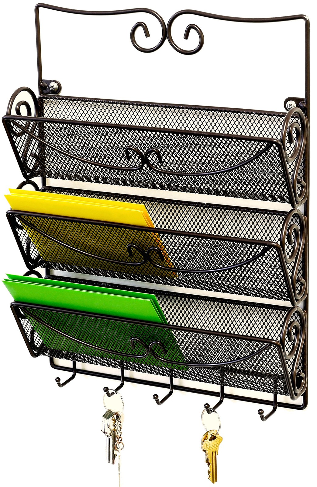 Wall Mail Organizer with 5 Key Holder, 3 Tier, Bronze