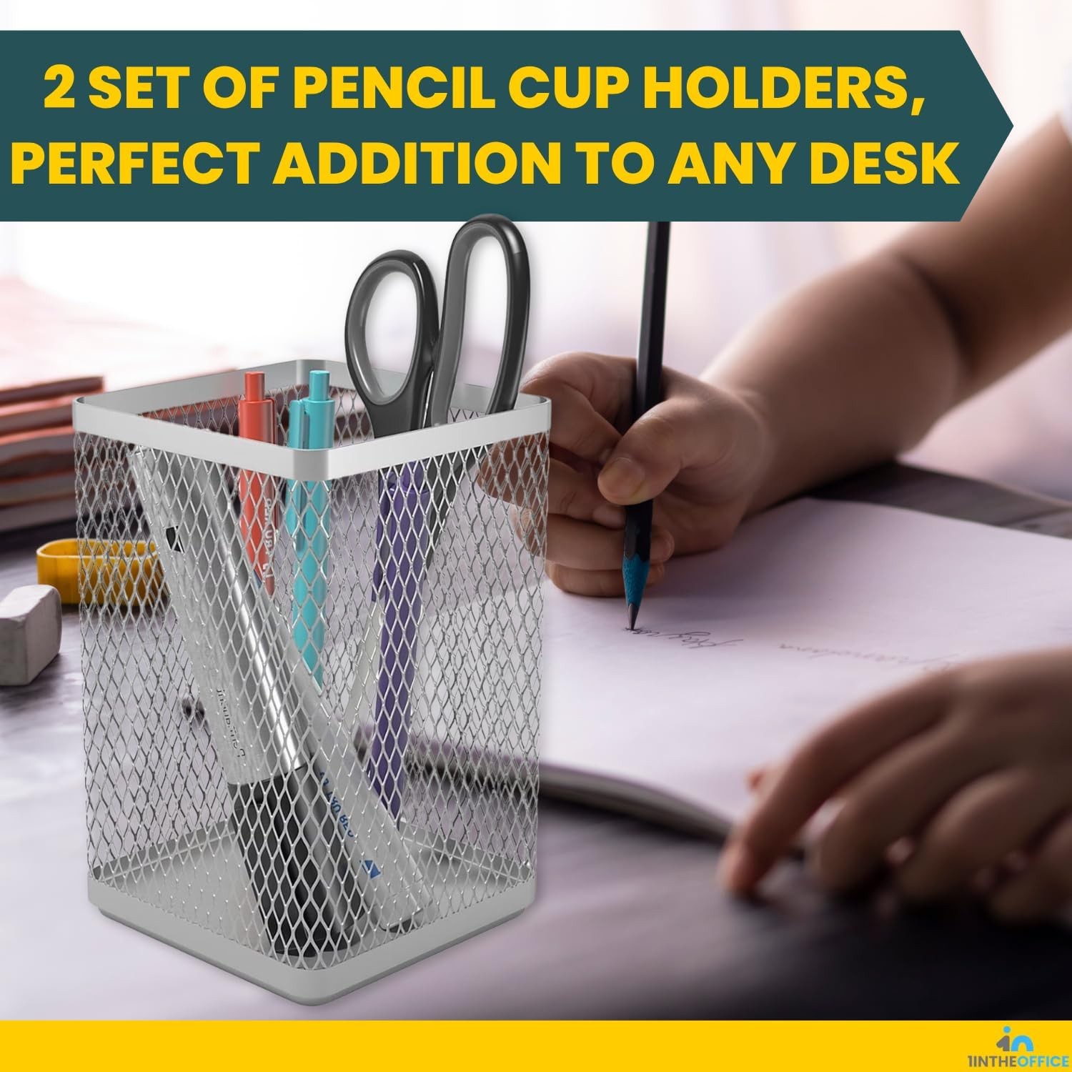 Large Pen Holder Big Tall Pencil Cup Silver Wire Mesh 2 Pack