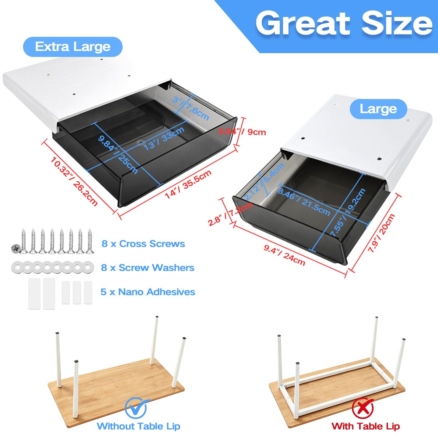 Self-adhesive Under Desk Drawer Organizer, 2 Pack Table Hidden Slide Out Large S