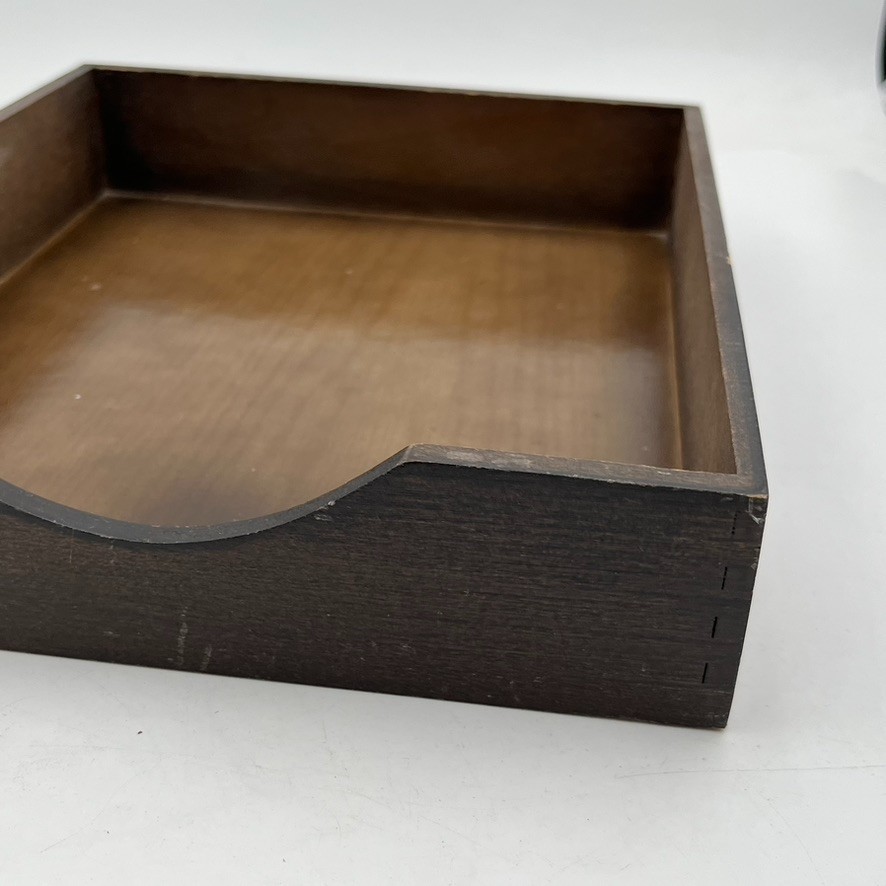 Vintage MCM Desk Organizer Tray Walnut Wood Office In Out Box, 12.5″ x 10″