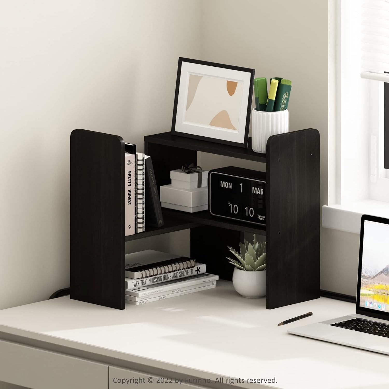 Versatile 2-Shelf Desktop Storage Organizer with Adjustable Features in Espresso