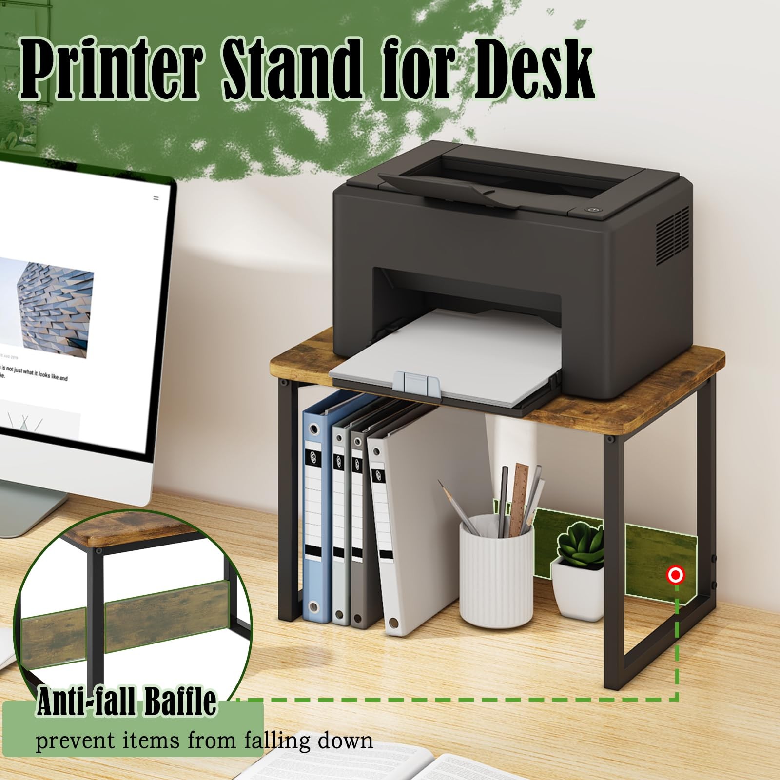 MARTY Printer Stand with Storage for Desk, Desktop 2 Tier, Rustic Brown