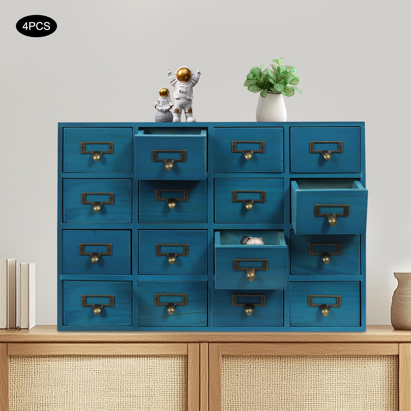 64-Drawer Wooden Storage Box Vintage Tabletop Mount Desk Drawer Organizer Blue