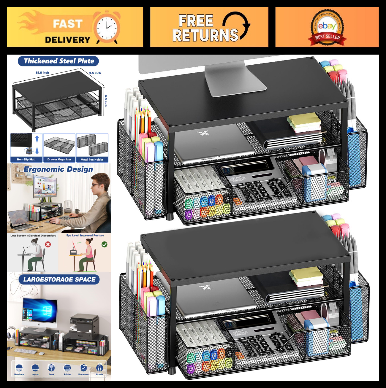 2-Tier Desk Organizer & Monitor Stand Riser with Drawer, 2 Pen Holders, Black