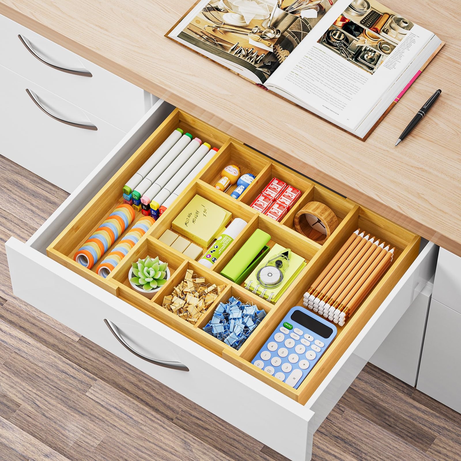 Marbrasse Bamboo Expandable Drawer Organizer, Desk Drawer Organizer Tray with…