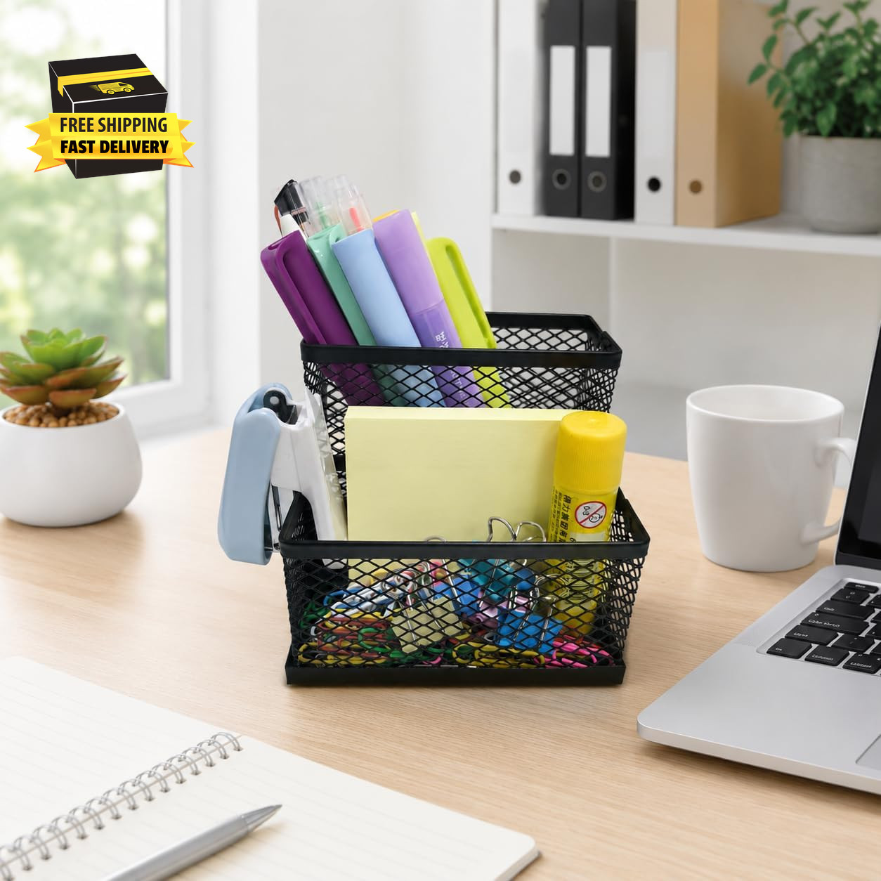 Pen Holder for Desk Organizer,2Compartments Office Supply Organizer for School H