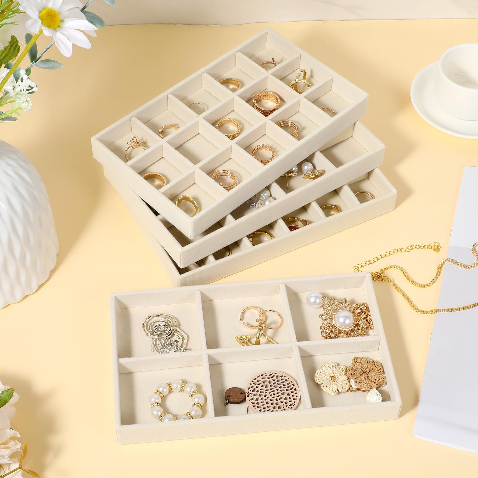 12 Pcs Velvet Jewelry Organizer Trays Set, 4 Styles Stackable Drawer Beige