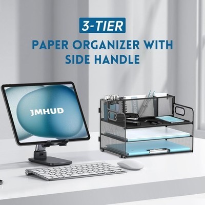 3 Tier Desk File Organizer with Pen Holder, Mesh Paper Tray File Organizer for