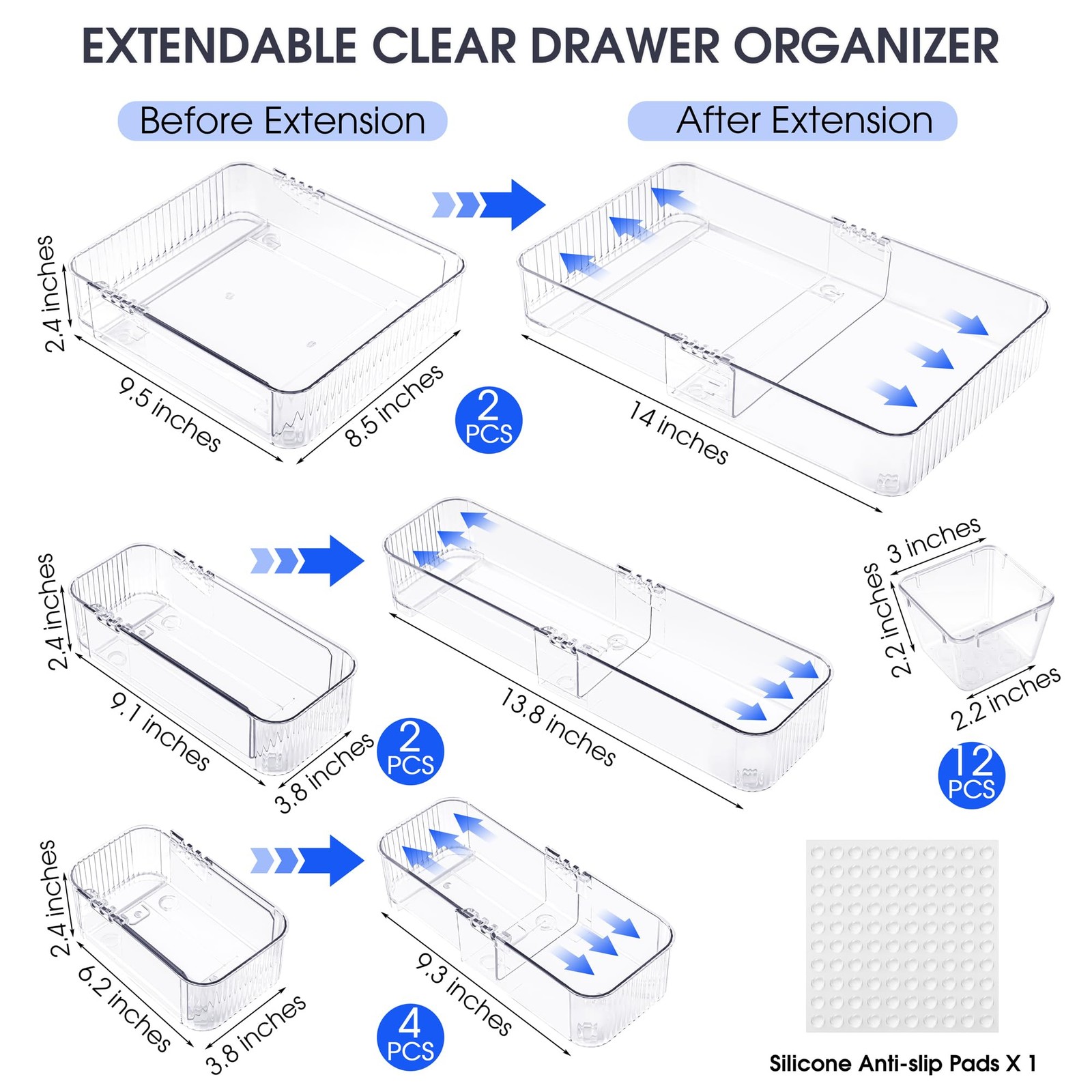 Aneco 20 Pieces Extendable Clear Drawer Organizer Adjustable Vanity