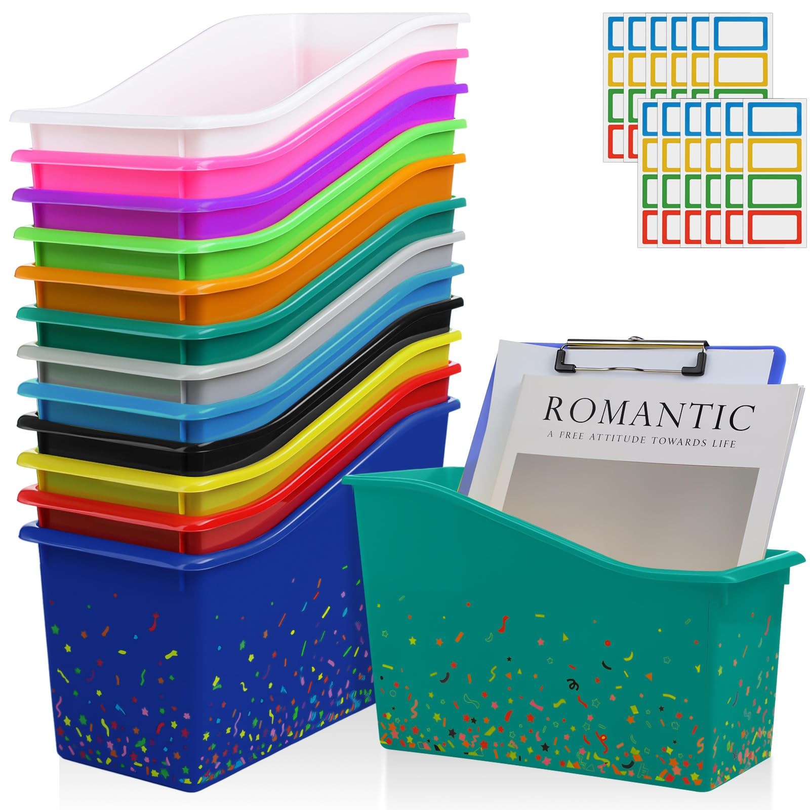24 Pack Multicolor Book Bins for Classroom Bulk Confetti Book and Binder Hold…