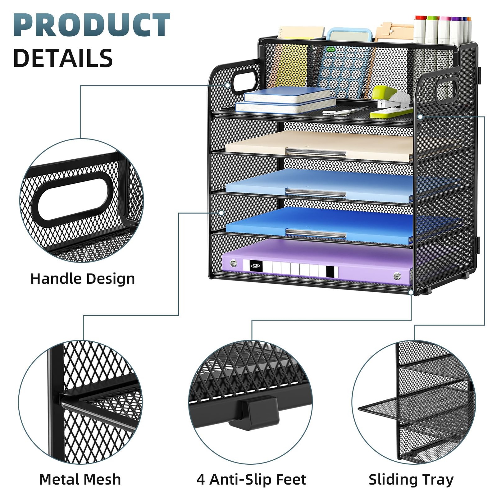 Marbrasse 5 Tier Paper Organizer Letter Tray, Mesh with 3 Pen Holders, Black