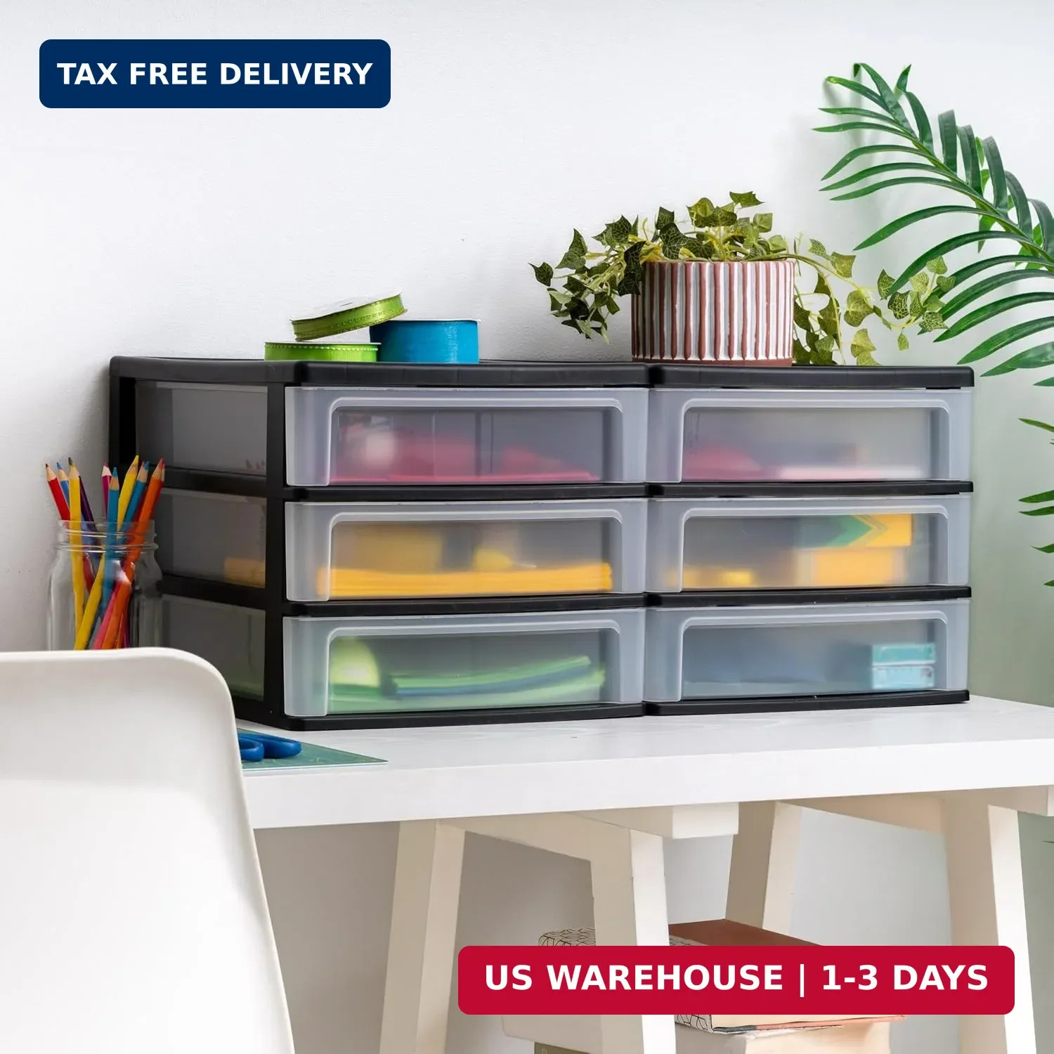 IRIS USA Plastic Stacking Desk Top 3-Drawer Storage Organizer, 2-Pack, for Makeu