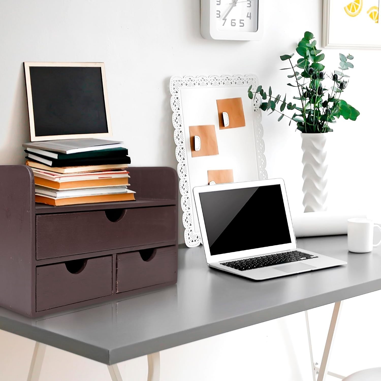Elegant Vintage Wooden Desk Organizer – 3 Drawers & Top Shelf – Dark Brown