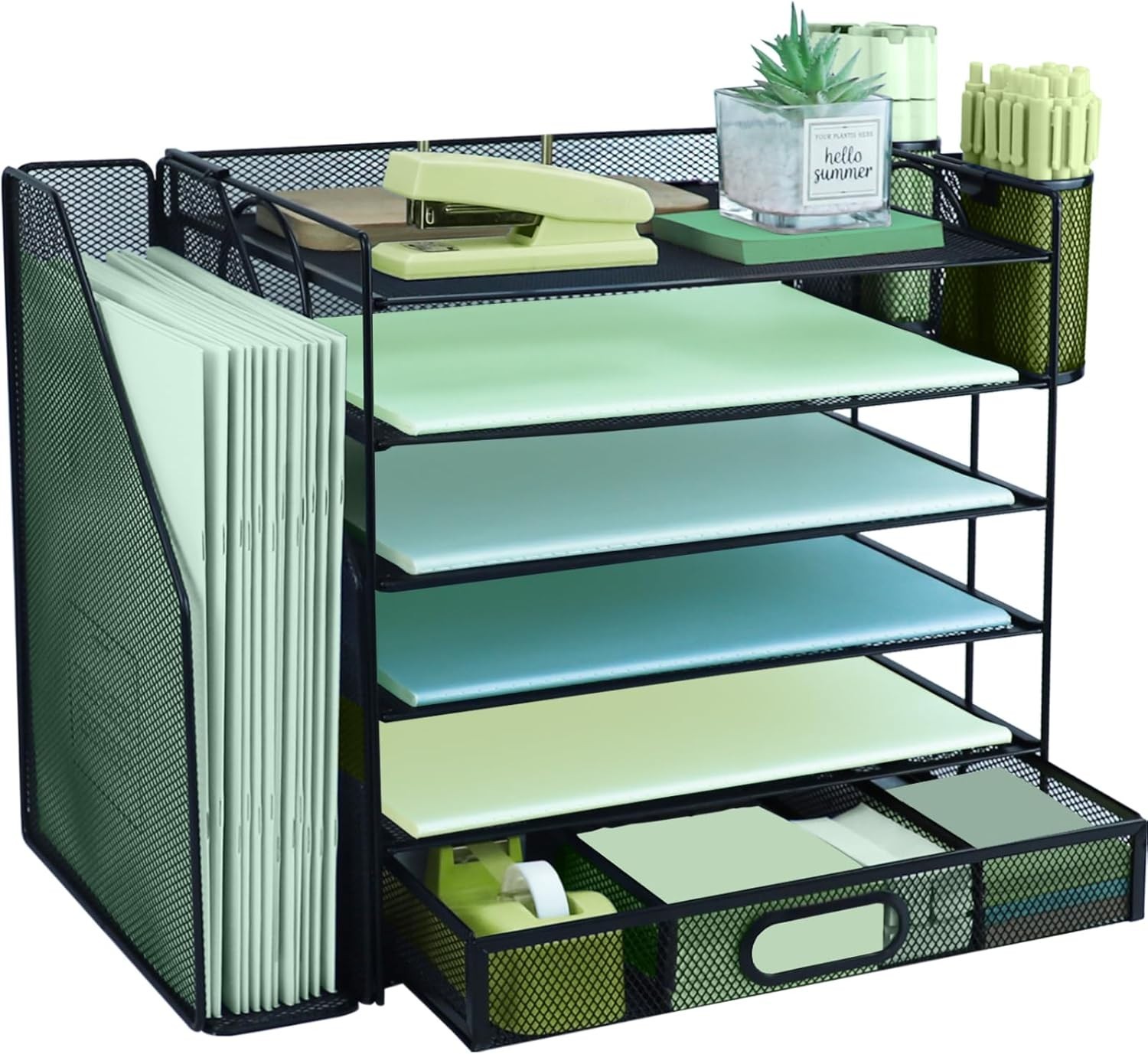 6 Tier Desk File Organiser w/ Extra Vertical File Sorter Paper Letter Tray Black