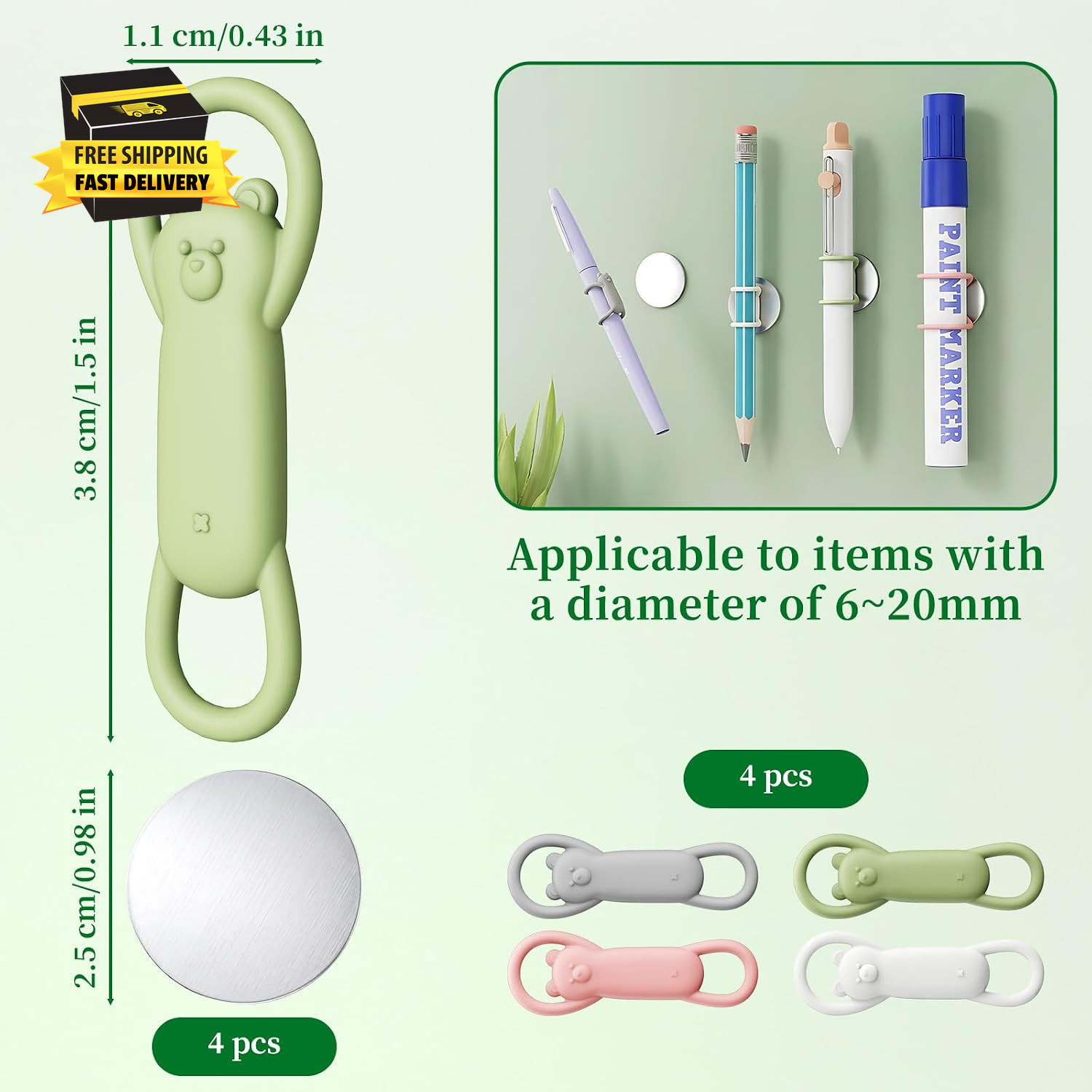 4 Pcs Magnetic Pen Holder for Refrigerator, Silicone Adjustable Pen Pencil Holde