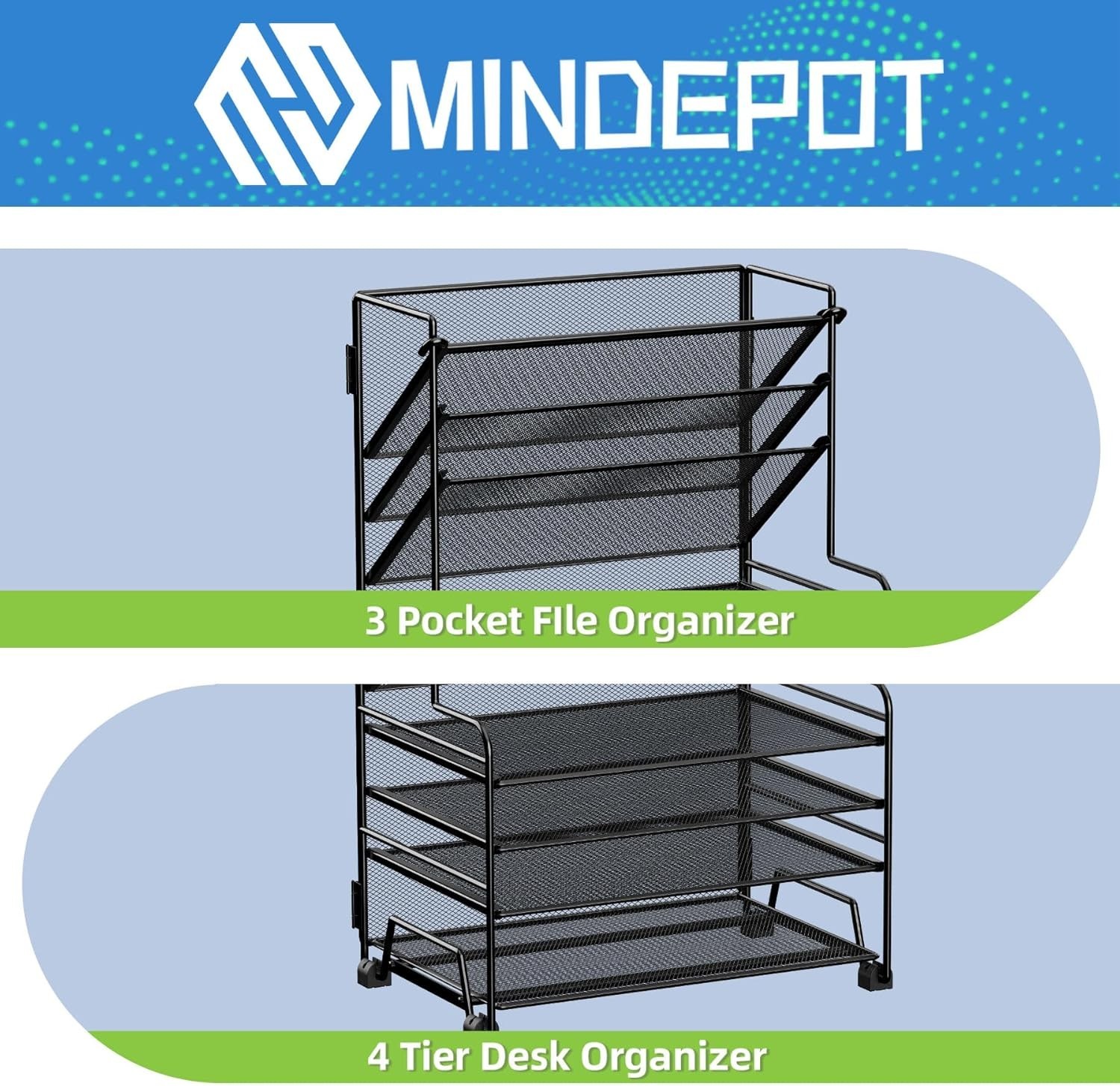 4-Tier Paper Organizer + 3-Pocket File Holder + Drawer + Pen Holders, Desktop…