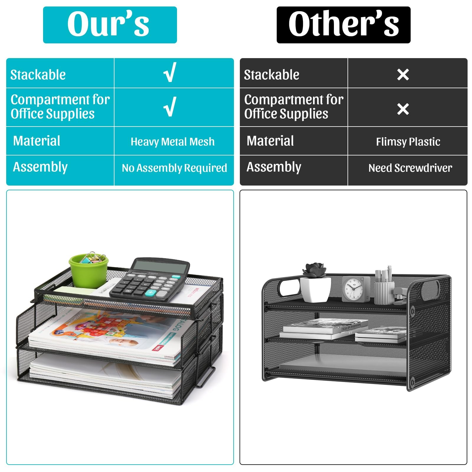OUTFANDIA Office Drawer Organizer, 2 Tiers Stackable Paper Tray Black