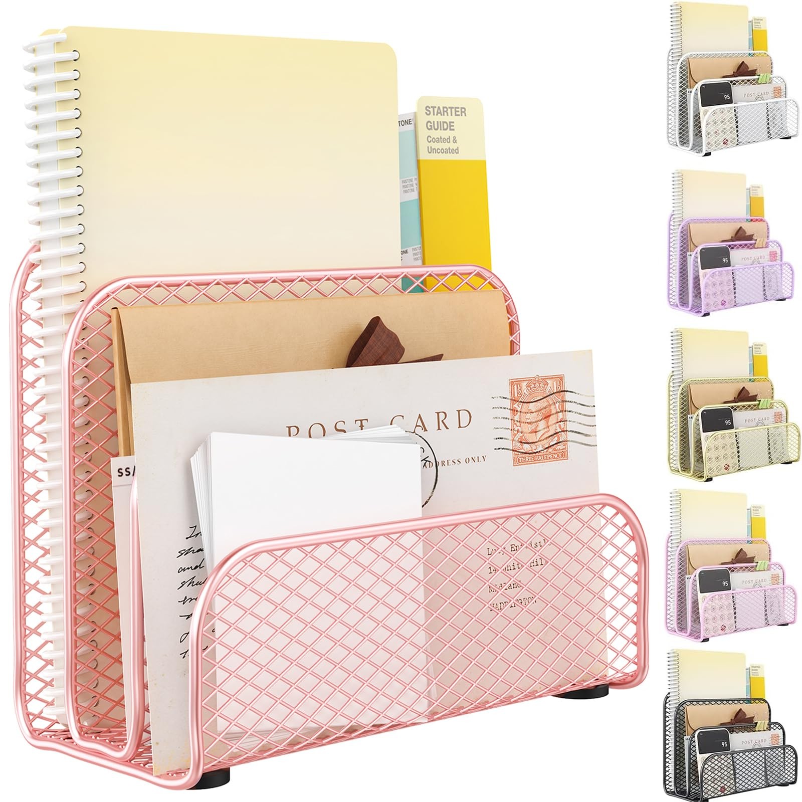 Rose Gold Mail Sorter, 3 Slot Metal Holder, Desktop File Organizer