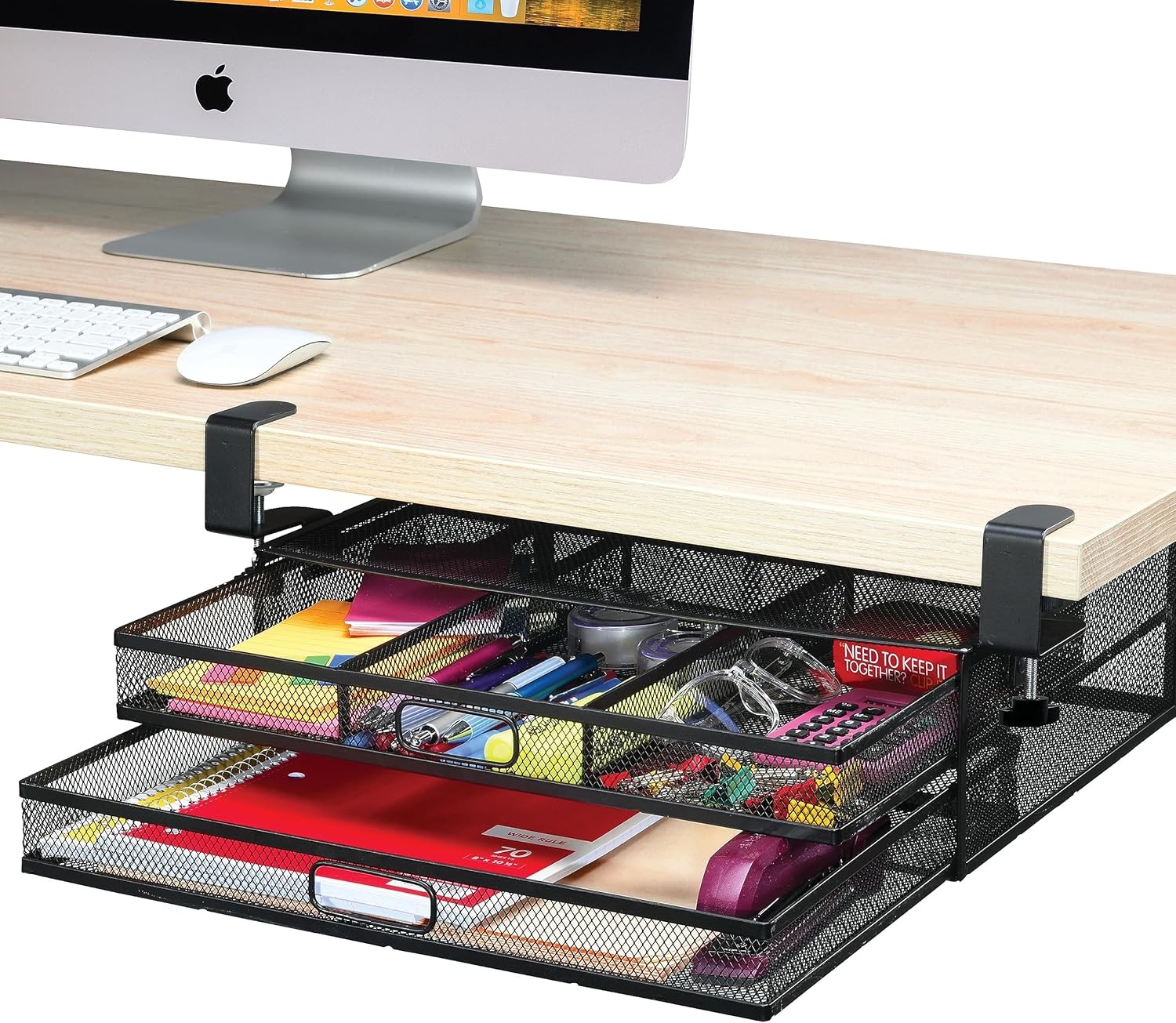 Under Desk Drawer Organizer Clamp-On, Mesh Metal Desk Drawer (2 Drawers)
