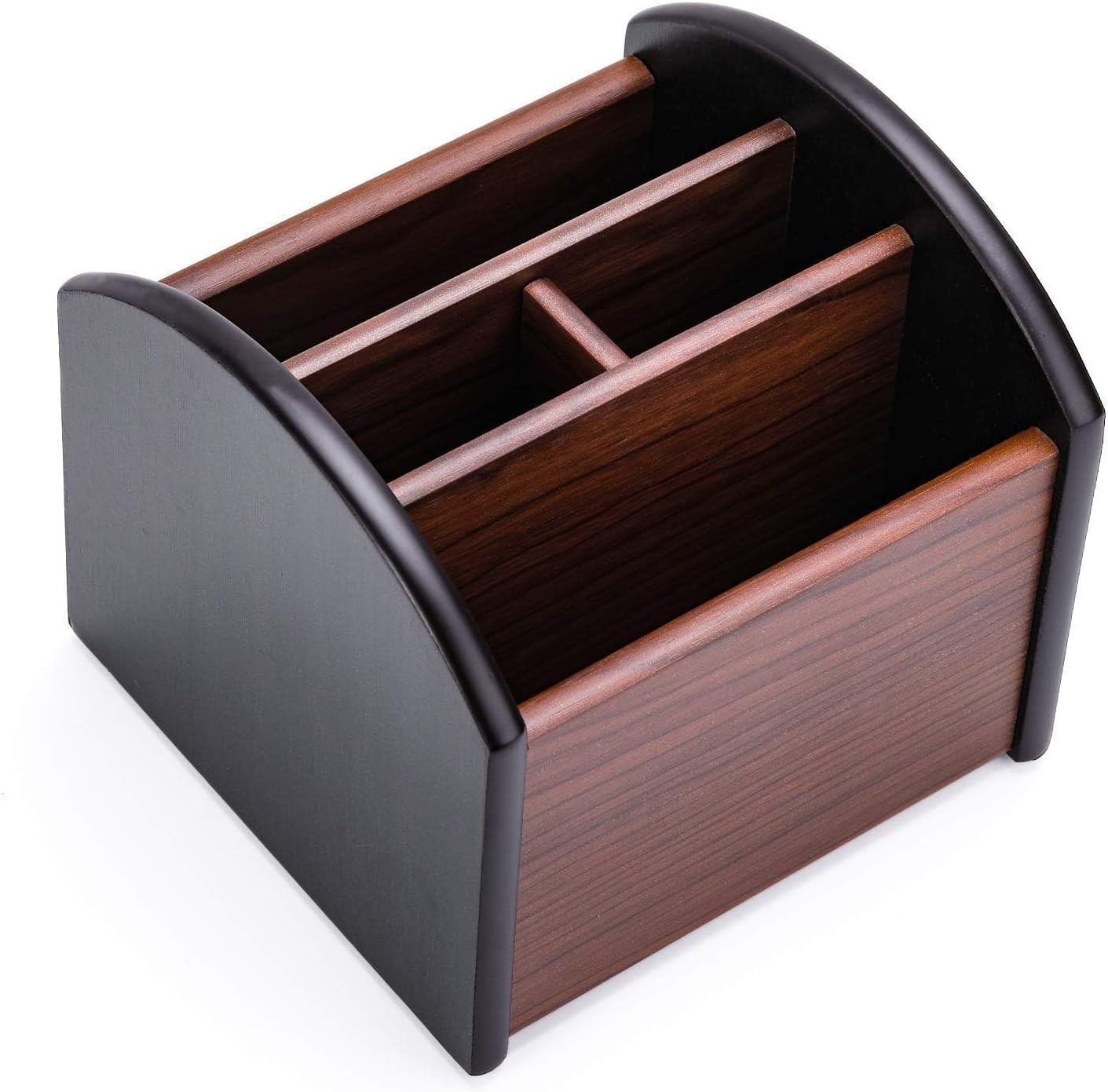 Remote Control Holder Caddy, Wooden Desk Organizer with 4 Compartments, Multifun