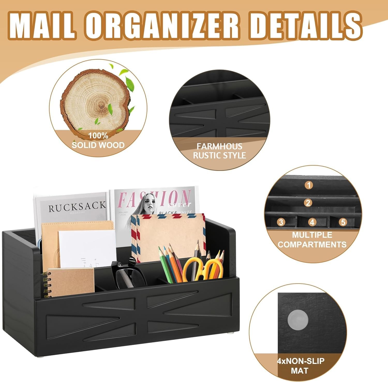 Black Wood Mail Organizer Countertop Sorter For Desk Rustic Bill Storage