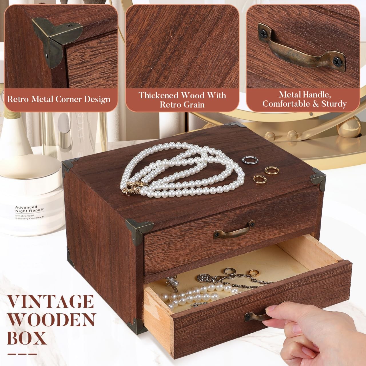 Kichvoe Vintage Wooden Drawer Storage Box with 2 24.00X18.00X13.00CM, style 1