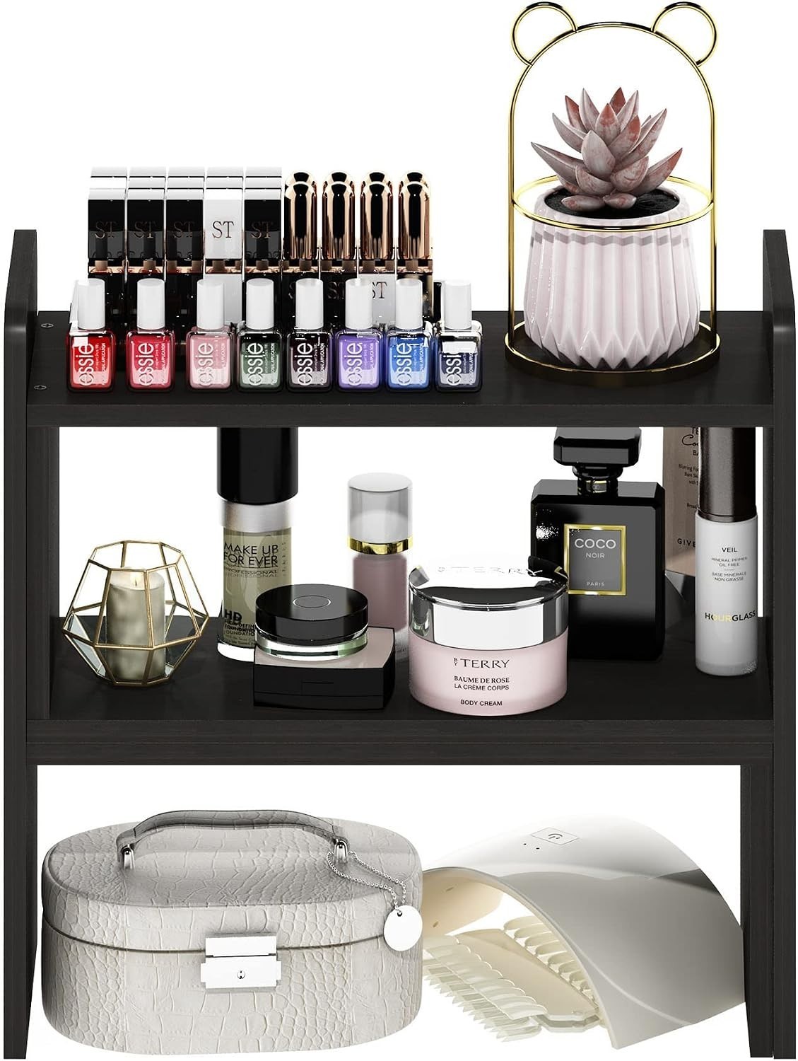 Versatile 2-Shelf Desktop Storage Organizer with Adjustable Features in Espresso