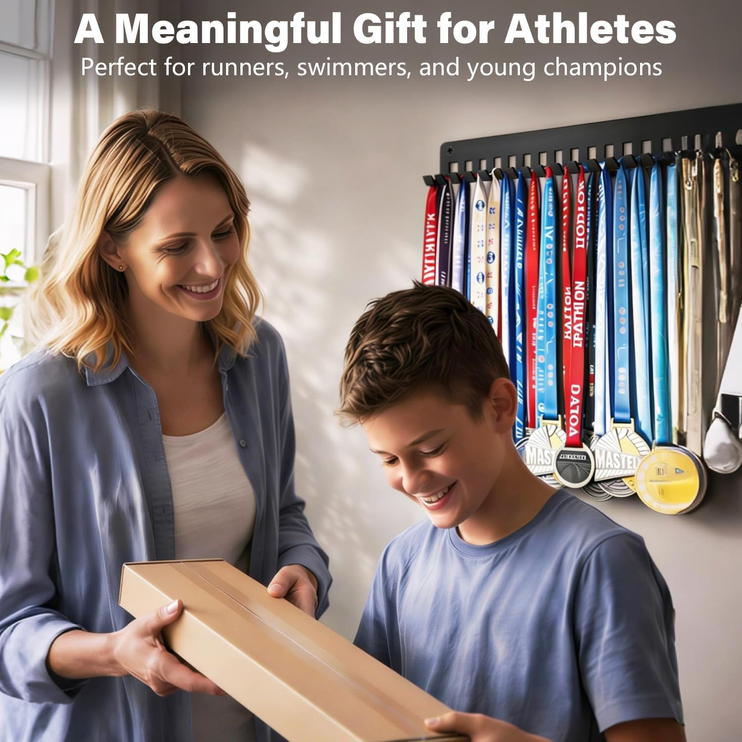 Wall Mounted Medal Holder Organizer Rack, 15.4 Inch Metal Storage Frame with 24