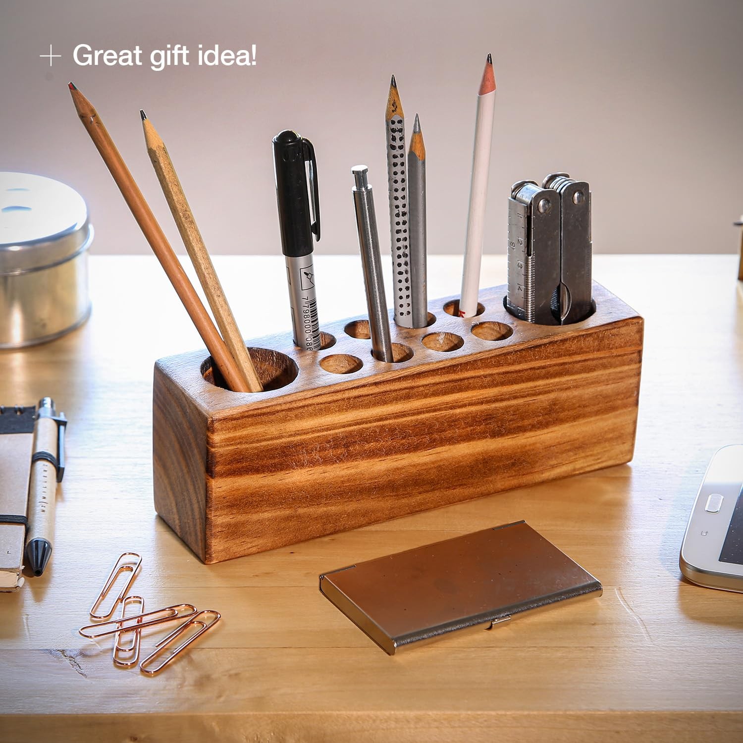 Pen Holder for Desk Rustic Wooden Pencil Holder for Desk, Solid Wood Desk Pen Or