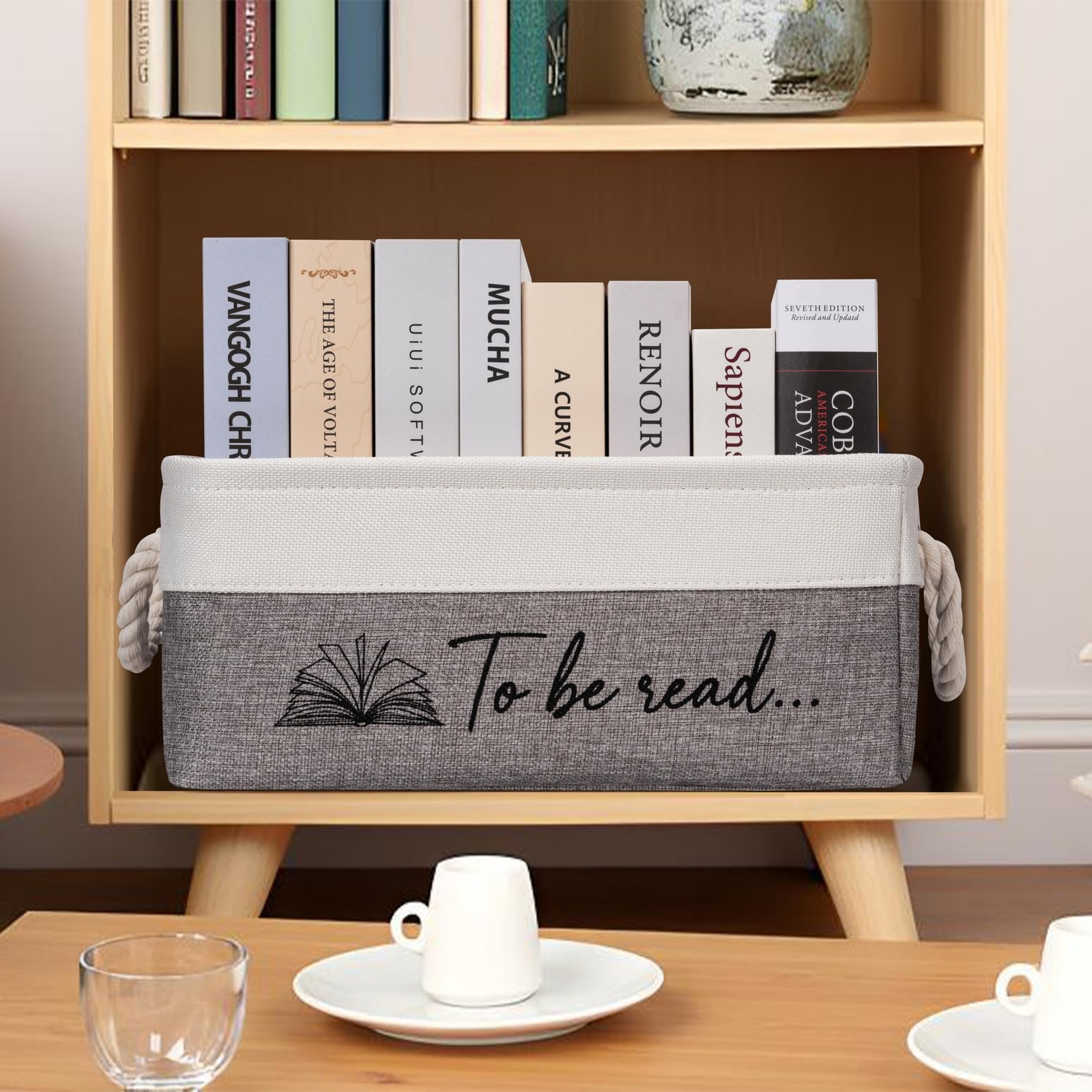 Book Storage Basket TBR Lover Gifts To Be Read Organizer Bin Handles Grey