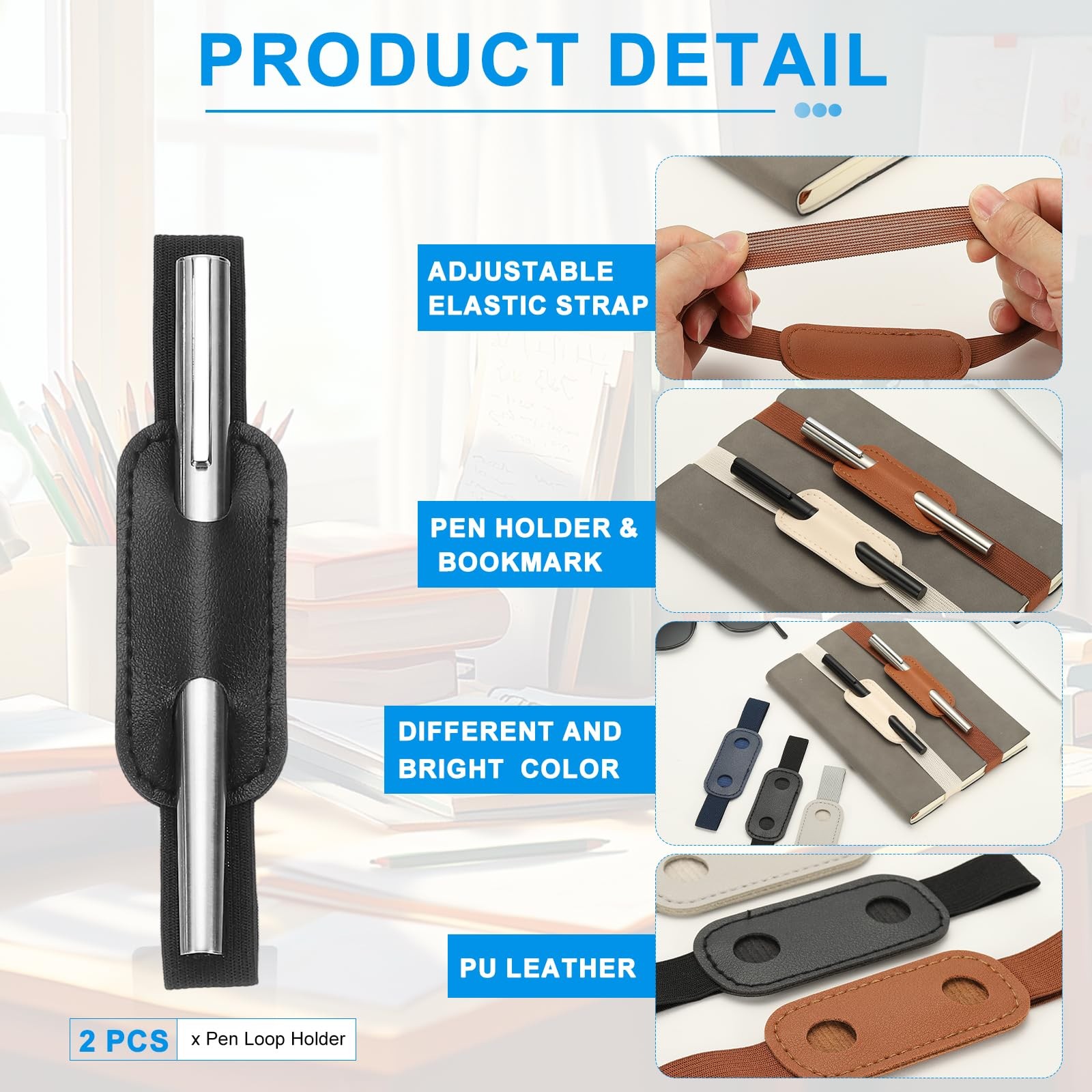 2 Pcs Adjustable Pen Loop Holder for Notebook, PU Leather Pen Holder Pencil S…